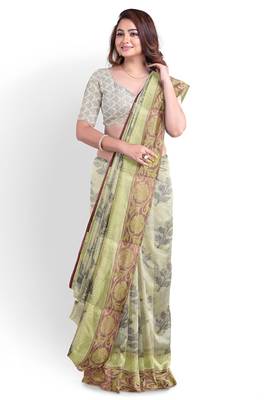 Dark beige woven pure cotton silk sarees saree with blouse 2
