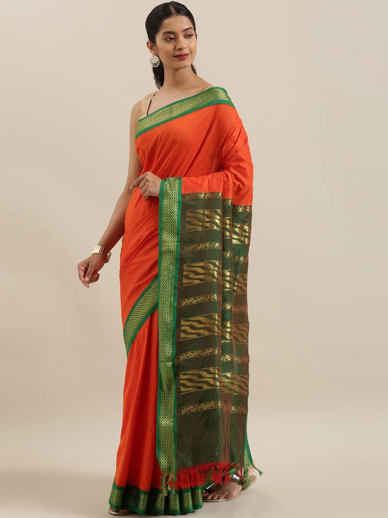 CLASSICATE from the house of The Chennai Silks Orange Kalyani Polycotton Saree With Running Blouse