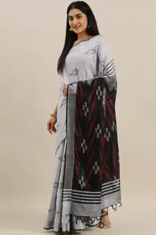 CLASSICATE from the house of The Chennai Silks  Silver Ikat Design Pure Linen Saree With Running Blouse