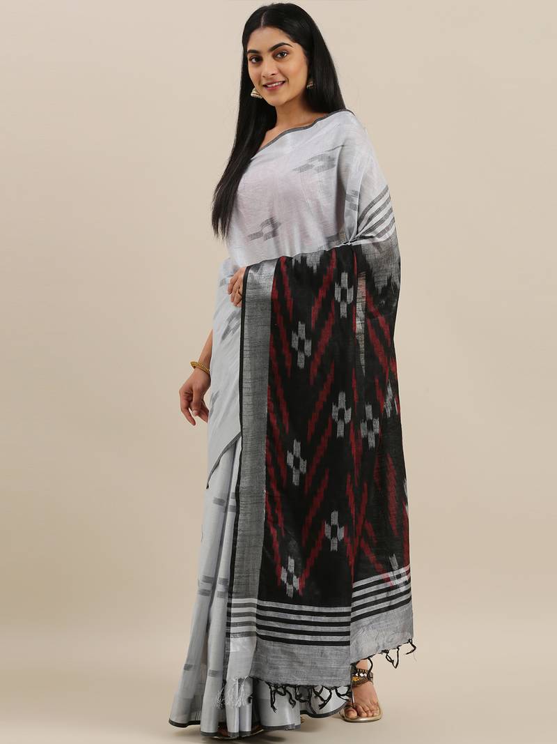 CLASSICATE from the house of The Chennai Silks  Silver Ikat Design Pure Linen Saree With Running Blouse