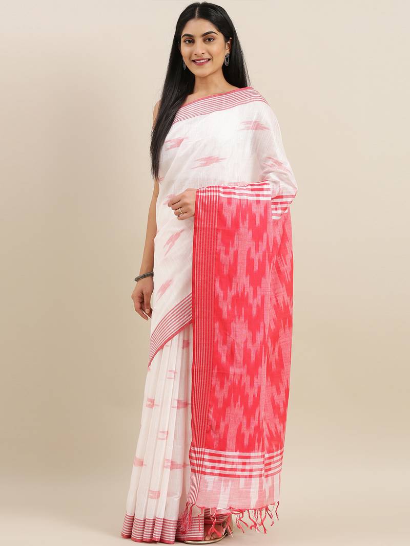 CLASSICATE from the house of The Chennai Silks Off-White Ikat Design Pure Linen Saree With Running Blouse