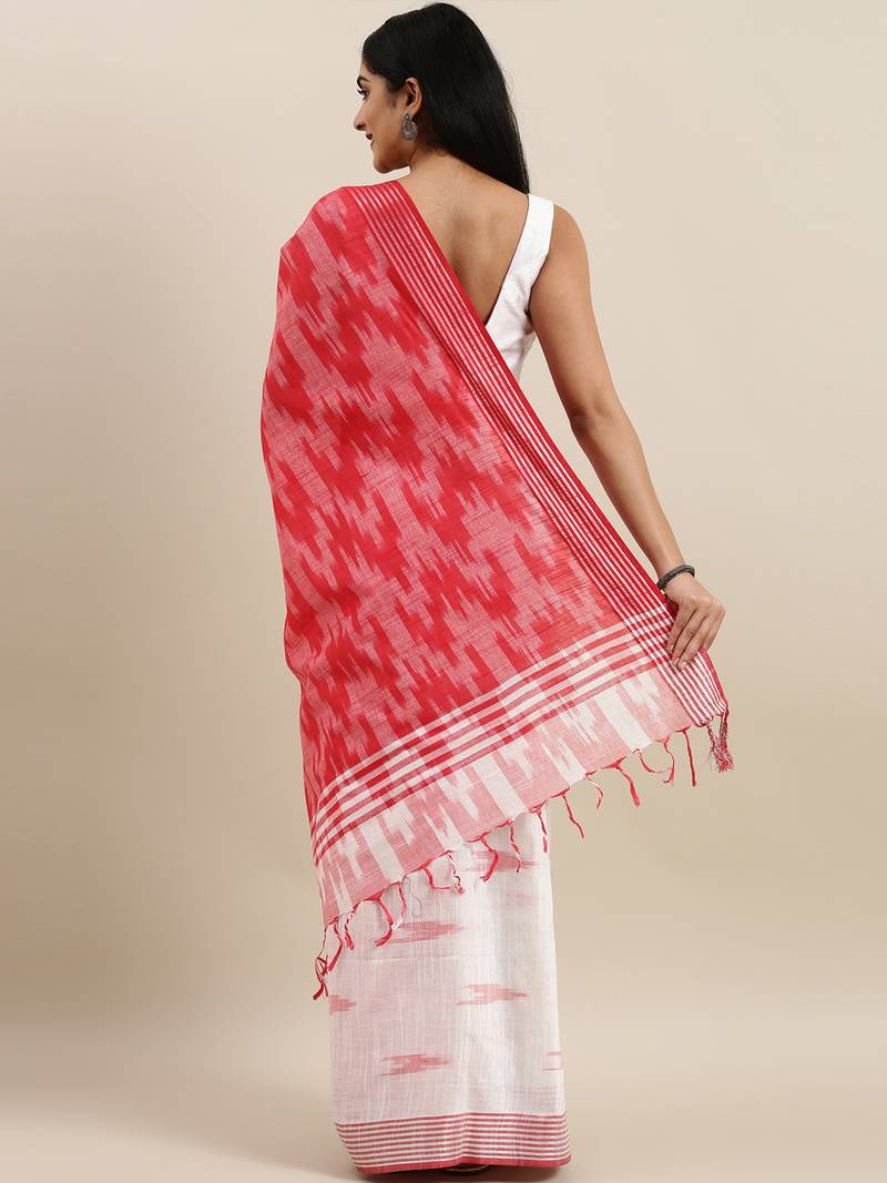 CLASSICATE from the house of The Chennai Silks Off-White Ikat Design Pure Linen Saree With Running Blouse