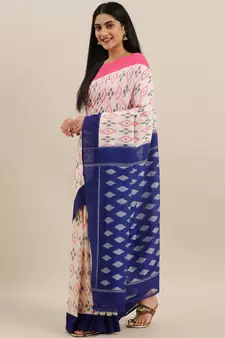 CLASSICATE from the house of The Chennai Silks Off-White Ikat Pochampally Pure Cotton Saree With Running Blouse