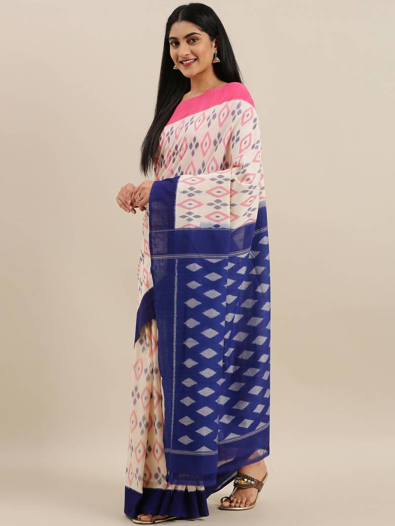 CLASSICATE from the house of The Chennai Silks Off-White Ikat Pochampally Pure Cotton Saree With Running Blouse