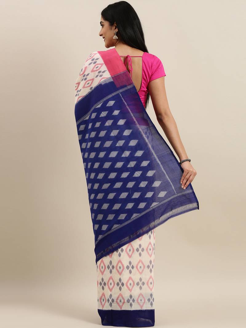 CLASSICATE from the house of The Chennai Silks Off-White Ikat Pochampally Pure Cotton Saree With Running Blouse
