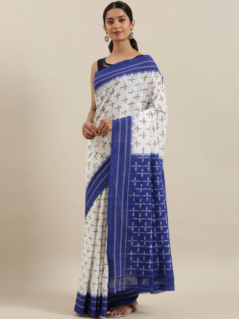 CLASSICATE from the house of The Chennai Silks Off-White Ikat Pochampally Pure Cotton Saree With Running Blouse