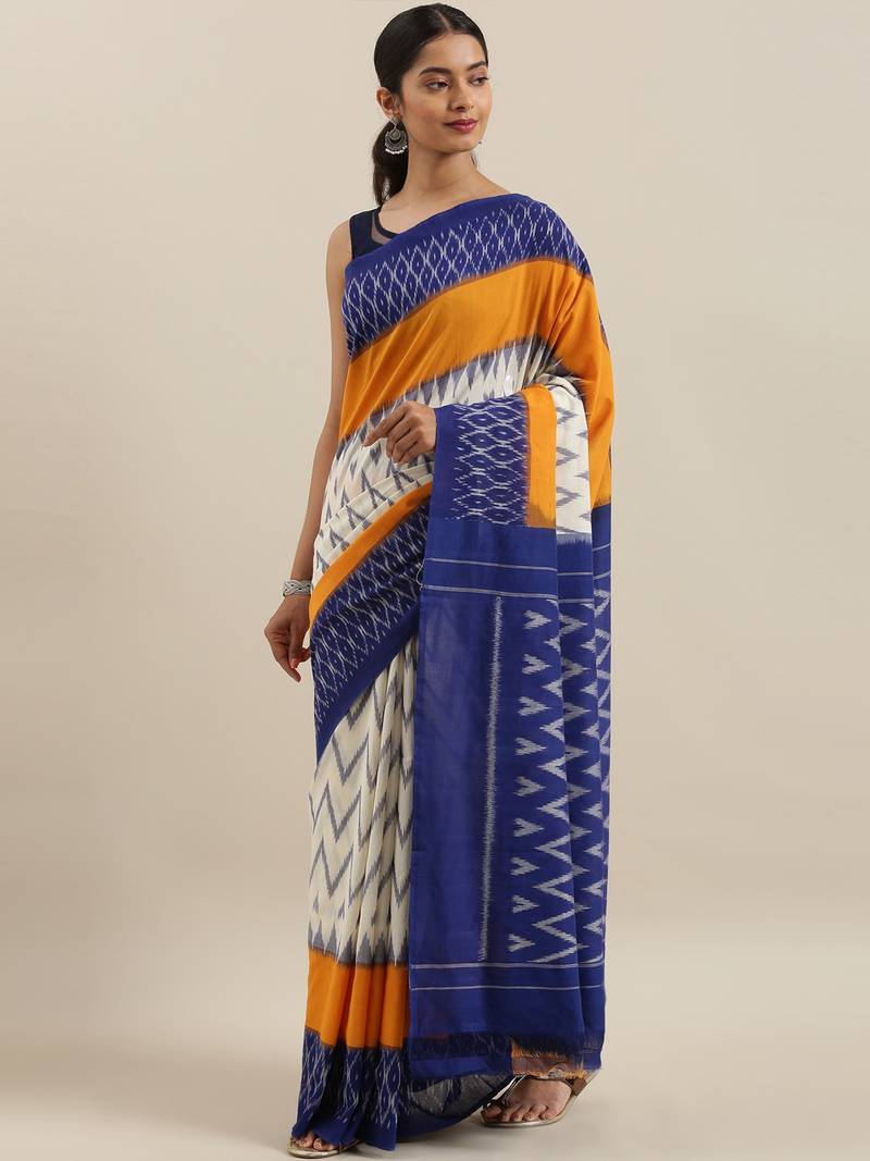 CLASSICATE from the house of The Chennai Silks Off-White Ikat Pochampally Pure Cotton Saree With Running Blouse