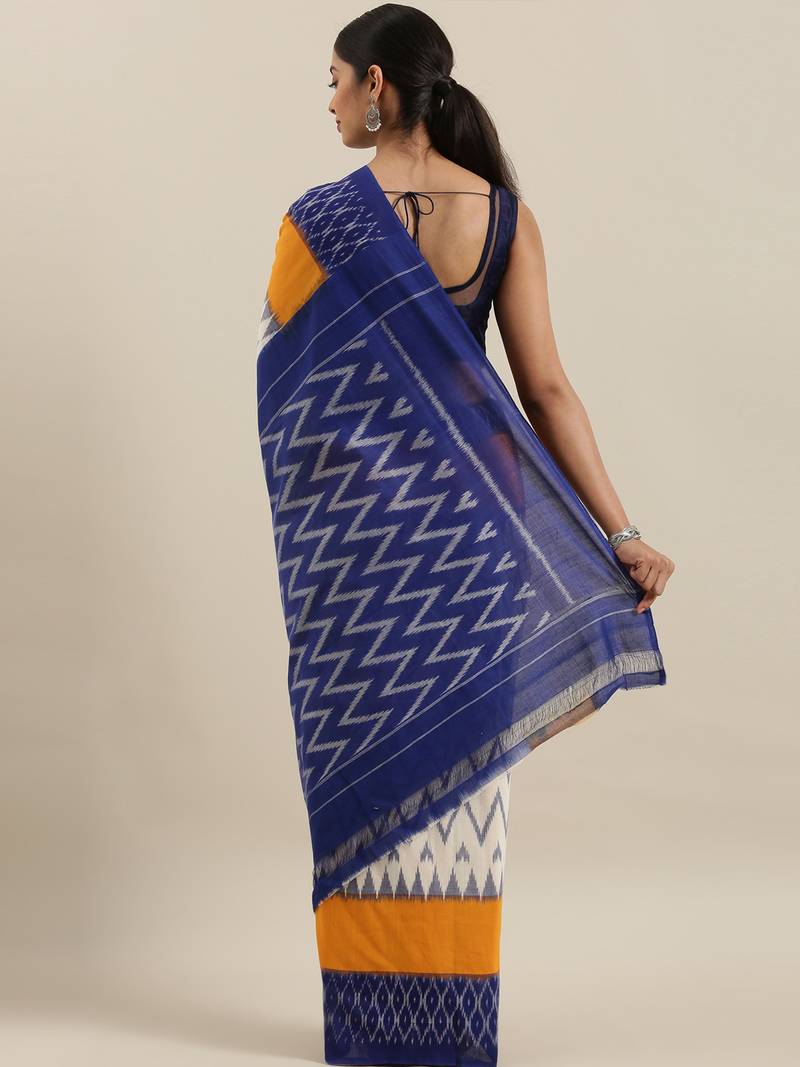 CLASSICATE from the house of The Chennai Silks Off-White Ikat Pochampally Pure Cotton Saree With Running Blouse