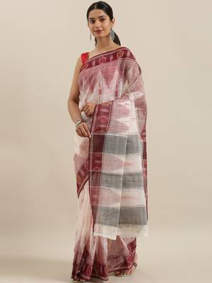 CLASSICATE from the house of The Chennai Silks Off-White Ikat Pochampally Pure Cotton Saree With Running Blouse 2