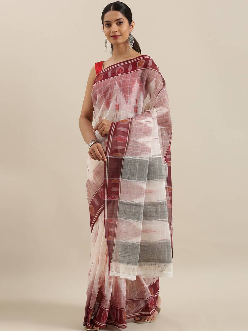 CLASSICATE from the house of The Chennai Silks Off-White Ikat Pochampally Pure Cotton Saree With Running Blouse