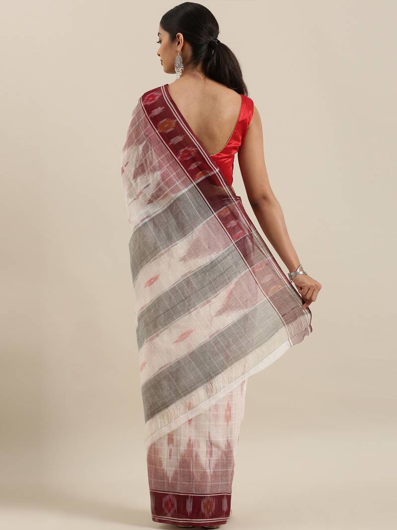 CLASSICATE from the house of The Chennai Silks Off-White Ikat Pochampally Pure Cotton Saree With Running Blouse