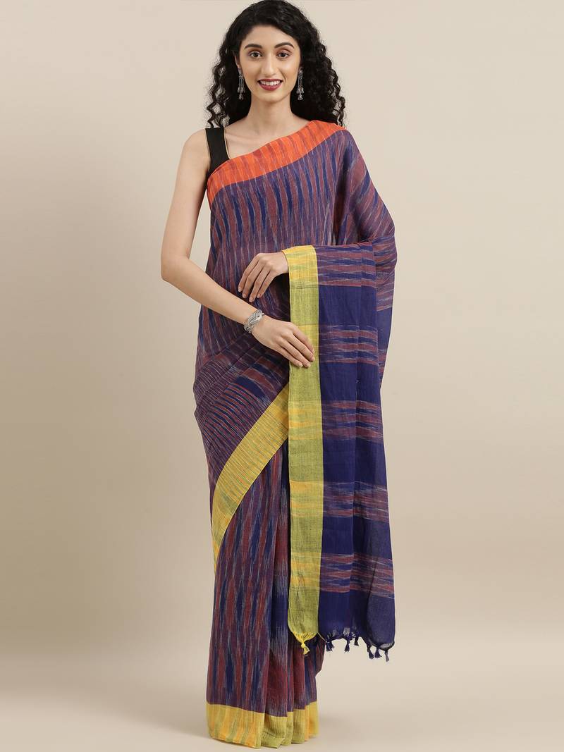 CLASSICATE from the house of The Chennai Silks Navy Blue Linen Blend Saree With Blouse