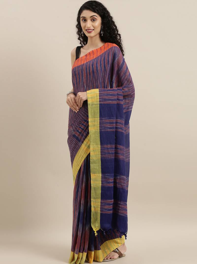 CLASSICATE from the house of The Chennai Silks Navy Blue Linen Blend Saree With Blouse