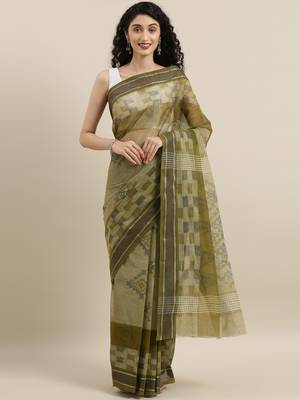 CLASSICATE from the house of The Chennai Silks Green Bengal Tant Pure Cotton Saree Without Blouse 1