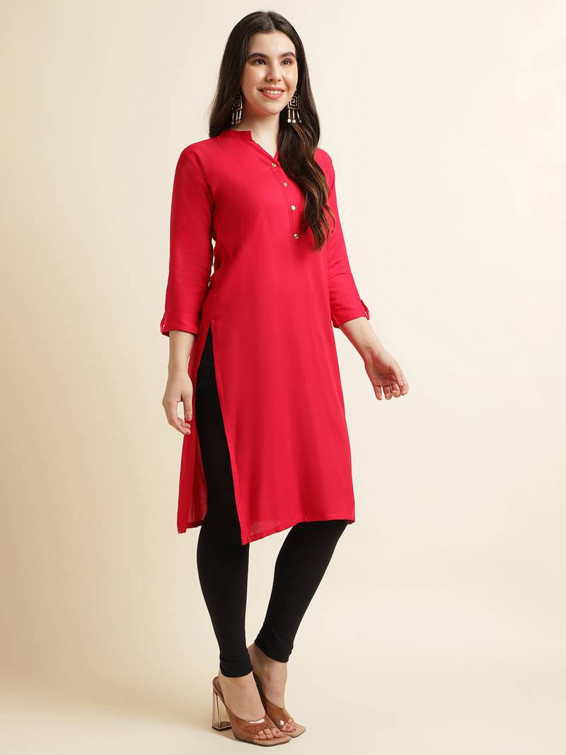 Rayon Solid Plain Straight Kurti (Pink)