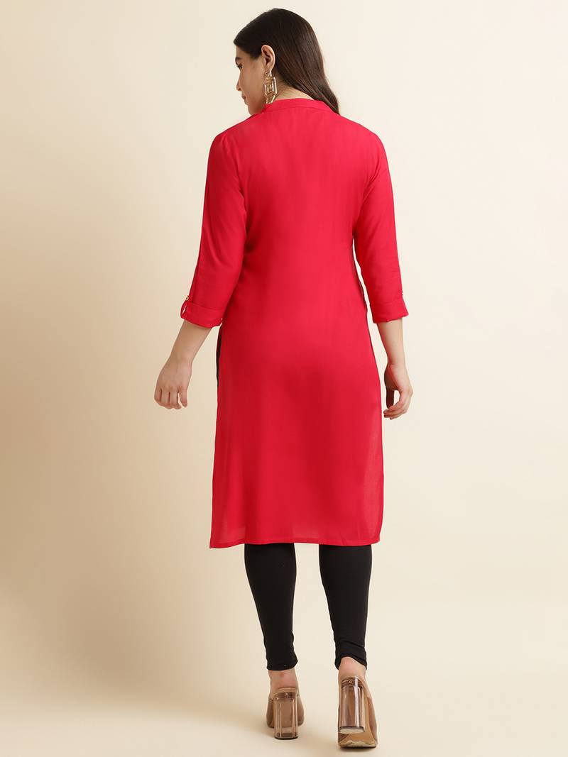 Rayon Solid Plain Straight Kurti (Pink)