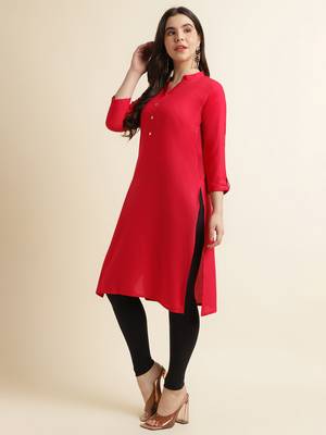 Rayon Solid Plain Straight Kurti (Pink) 4