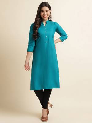 Rayon Solid Plain Straight Kurti (Turquoise) 1