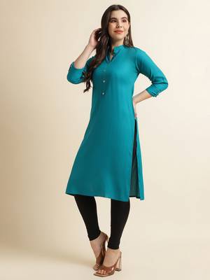 Rayon Solid Plain Straight Kurti (Turquoise) 2