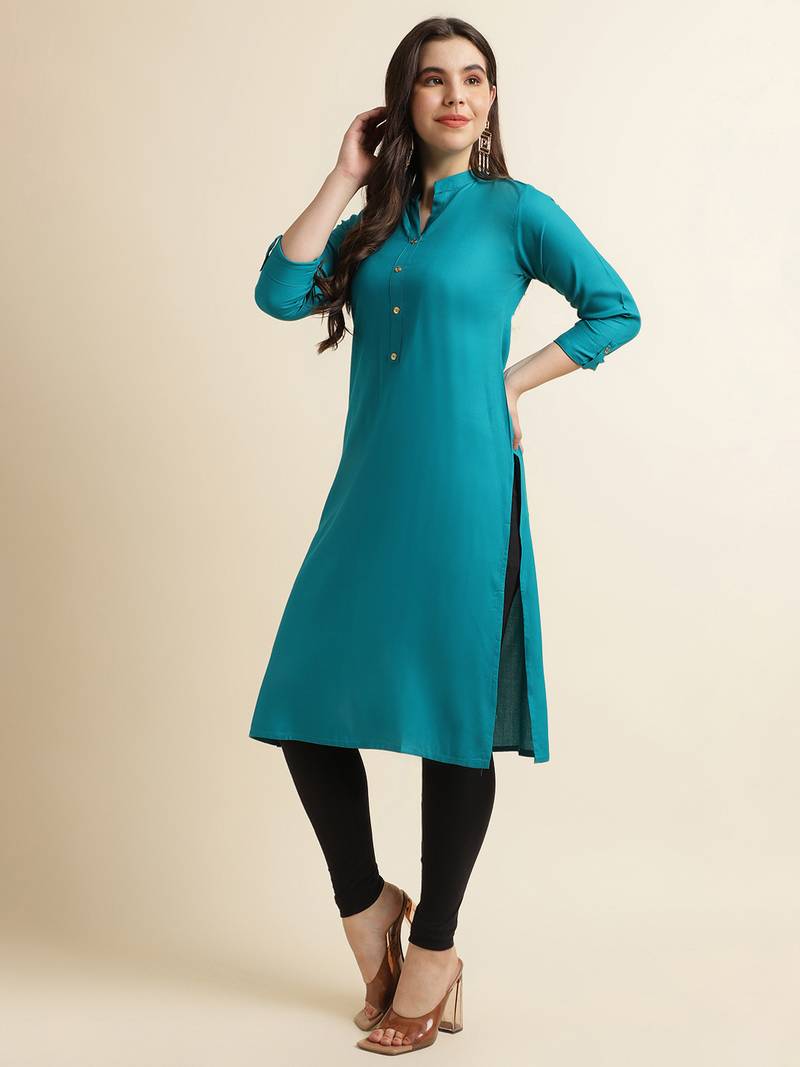 Rayon Solid Plain Straight Kurti (Turquoise)