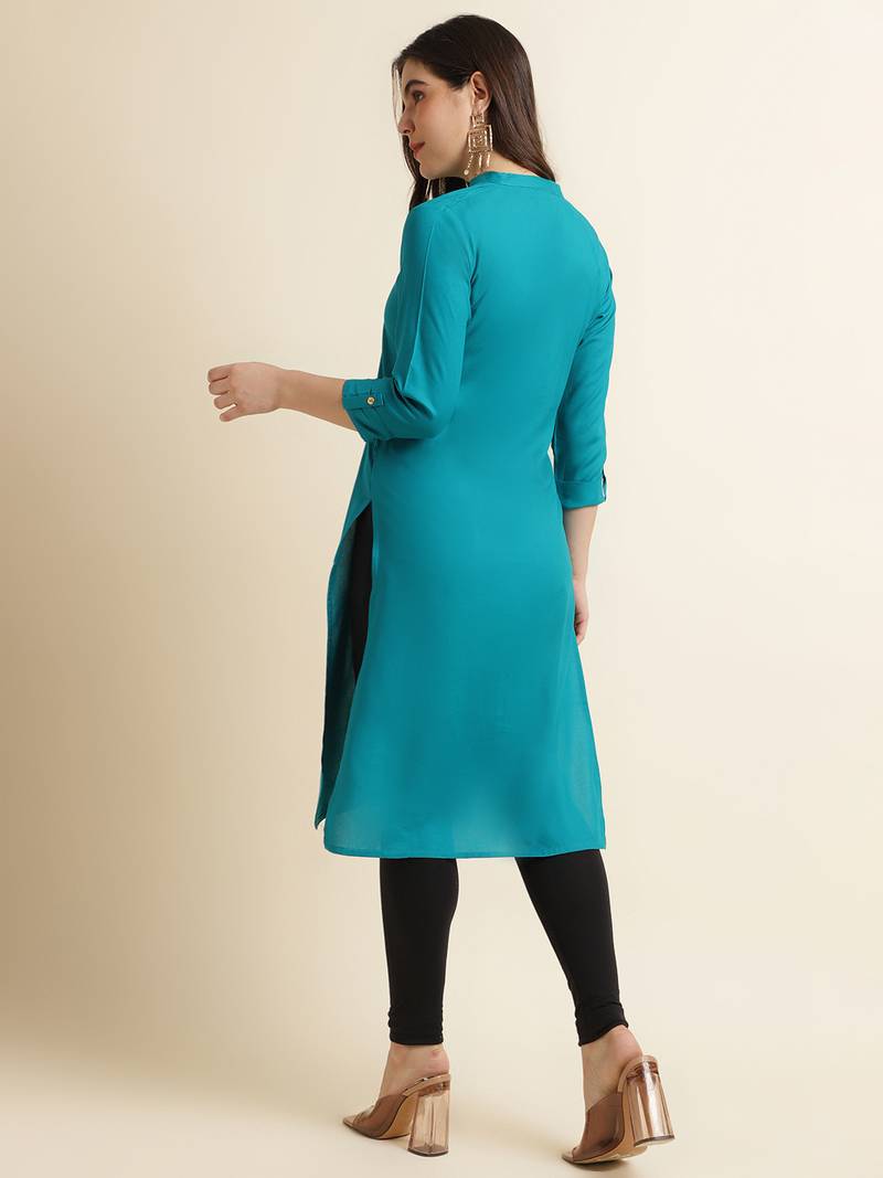 Rayon Solid Plain Straight Kurti (Turquoise)