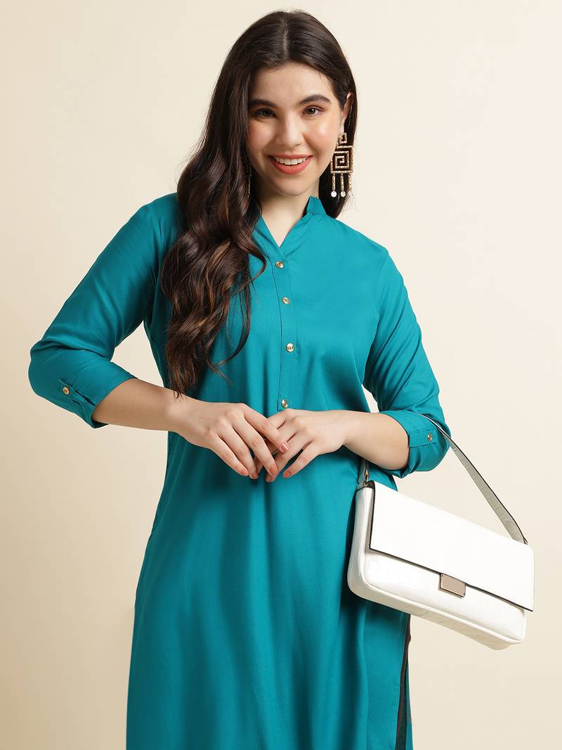 Rayon Solid Plain Straight Kurti (Turquoise)