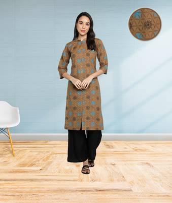 Pure Cotton Printed Front Slit Straight Women Kurti (Brown) 1