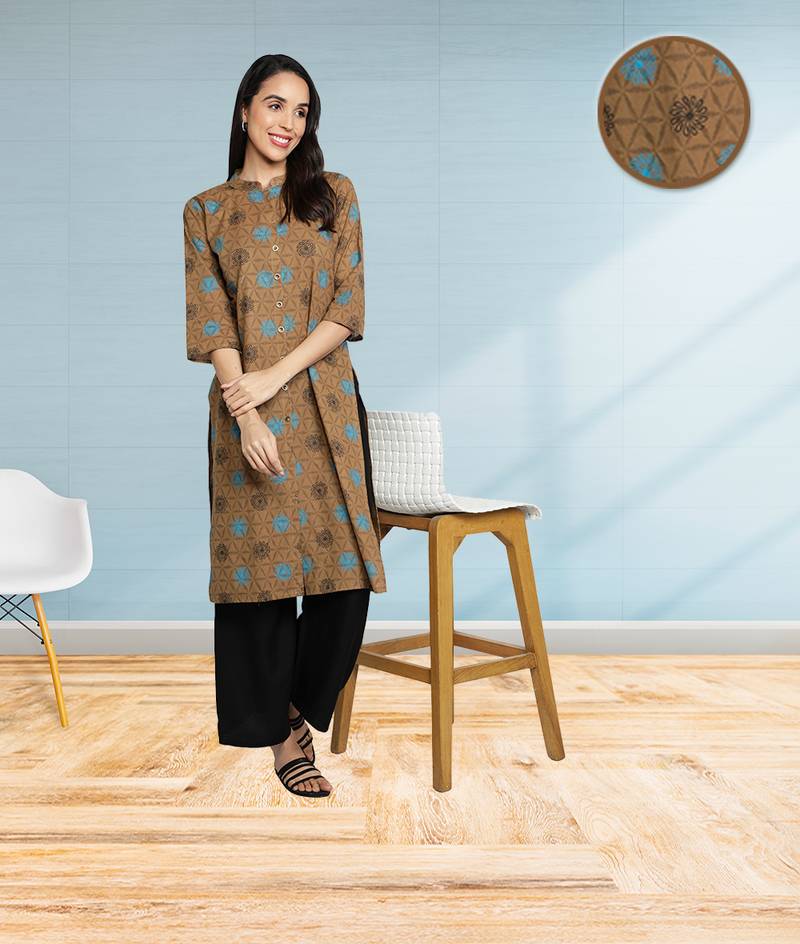 Pure Cotton Printed Front Slit Straight Women Kurti (Brown)