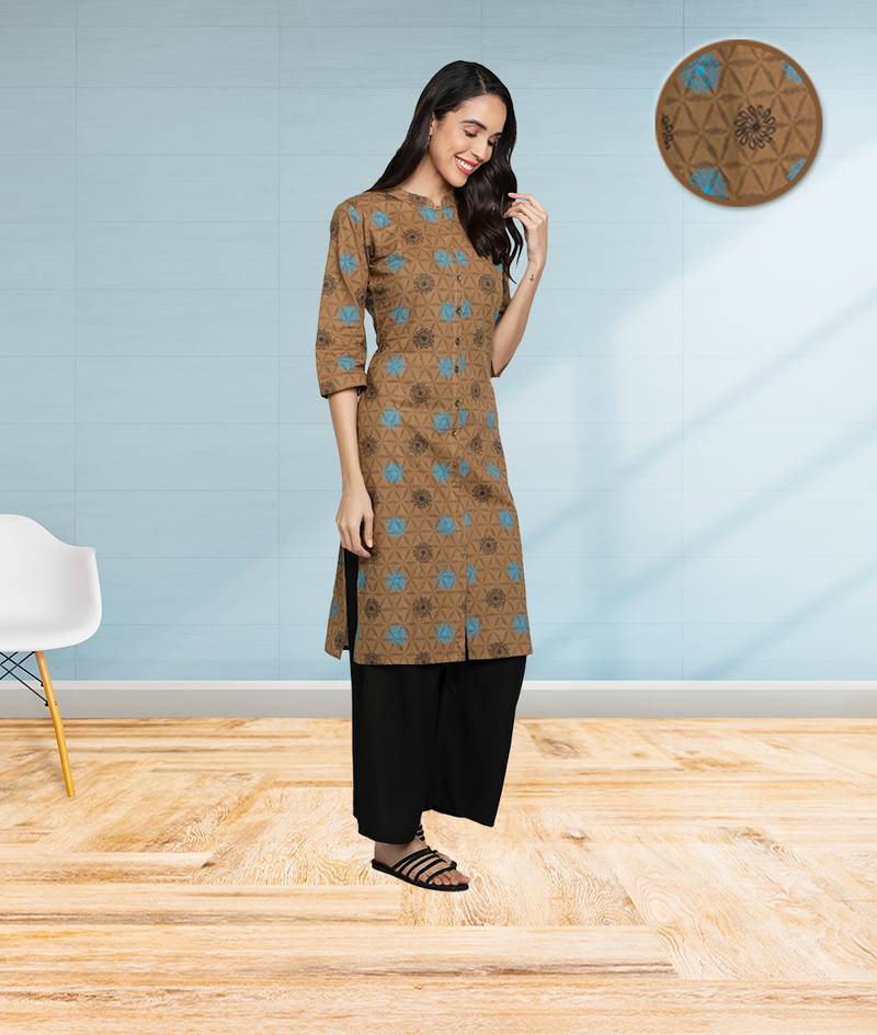 Pure Cotton Printed Front Slit Straight Women Kurti (Brown)