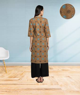 Pure Cotton Printed Front Slit Straight Women Kurti (Brown) 4
