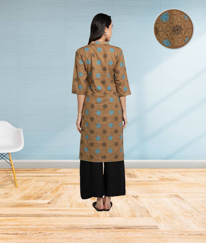 Pure Cotton Printed Front Slit Straight Women Kurti (Brown)