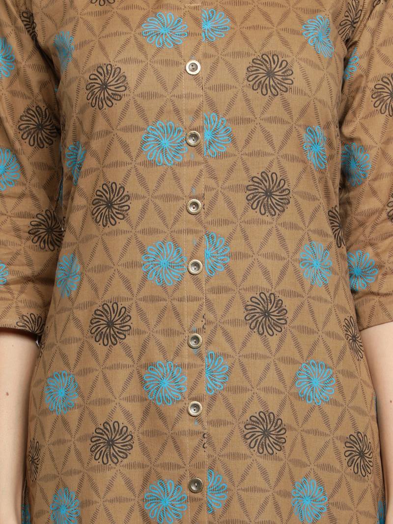 Pure Cotton Printed Front Slit Straight Women Kurti (Brown)