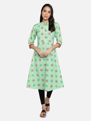 Pure Cotton Printed Flared Women Kurti (Sea Green) 1