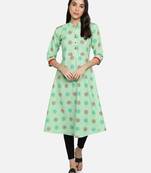 Pure Cotton Printed Flared Women Kurti (Sea Green)