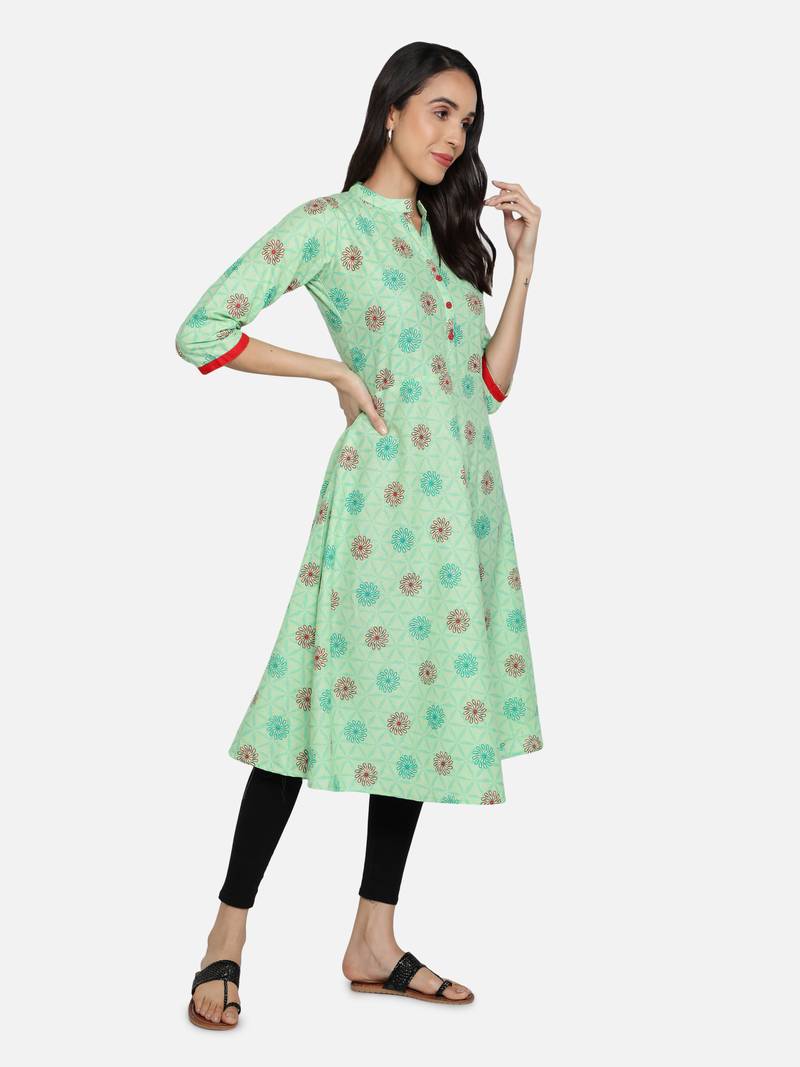 Pure Cotton Printed Flared Women Kurti (Sea Green)