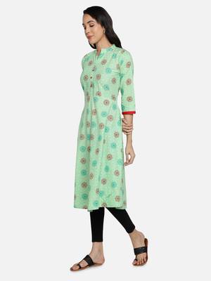 Pure Cotton Printed Flared Women Kurti (Sea Green) 3
