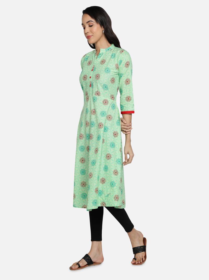 Pure Cotton Printed Flared Women Kurti (Sea Green)