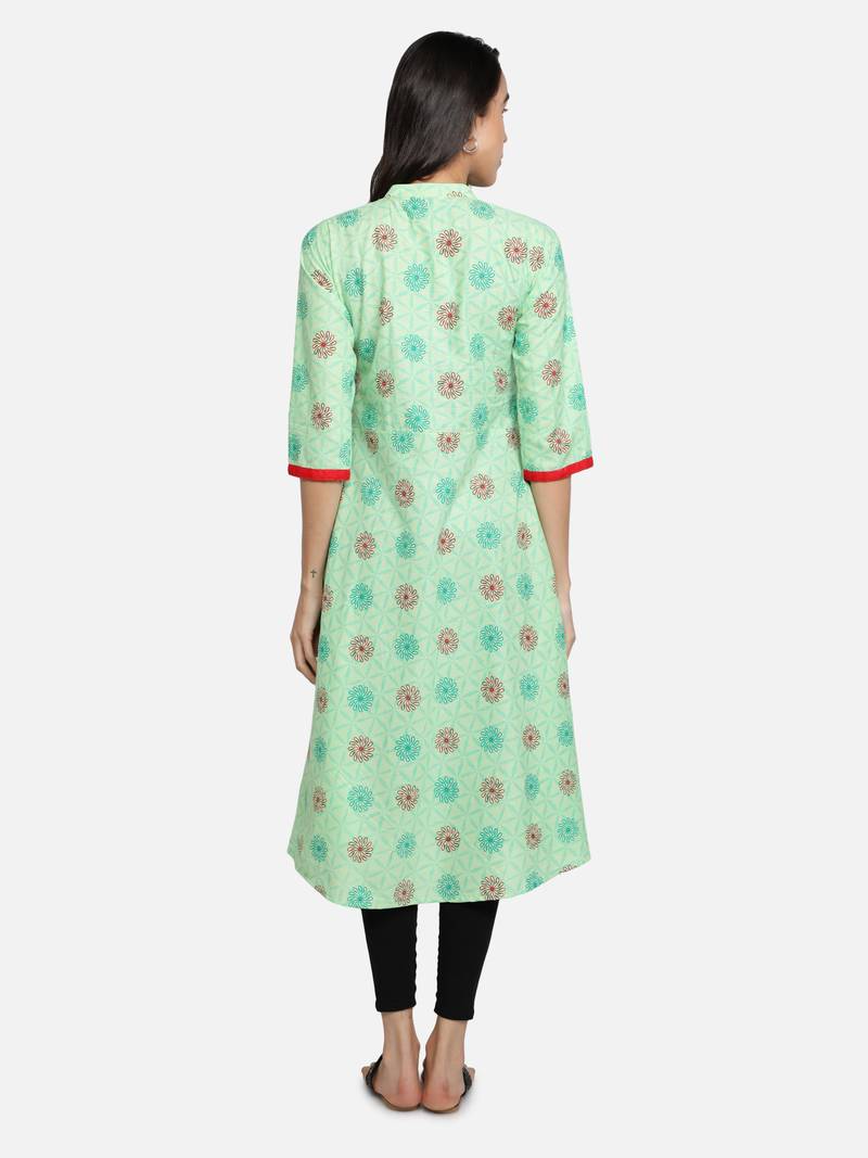 Pure Cotton Printed Flared Women Kurti (Sea Green)