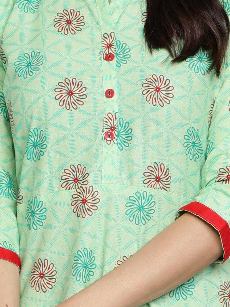 Pure Cotton Printed Flared Women Kurti (Sea Green)