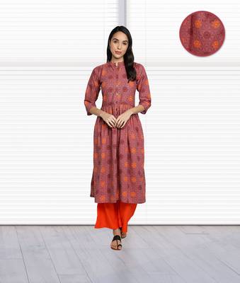 Pure Cotton Printed Flared & Front Slit Women Kurti (Magenta) 1