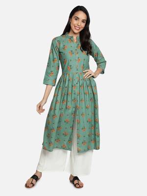 Cotton Floral Printed Flared & Front Slit Women Kurti (Sea Green) 1