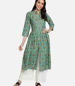Cotton Floral Printed Flared & Front Slit Women Kurti (Sea Green)