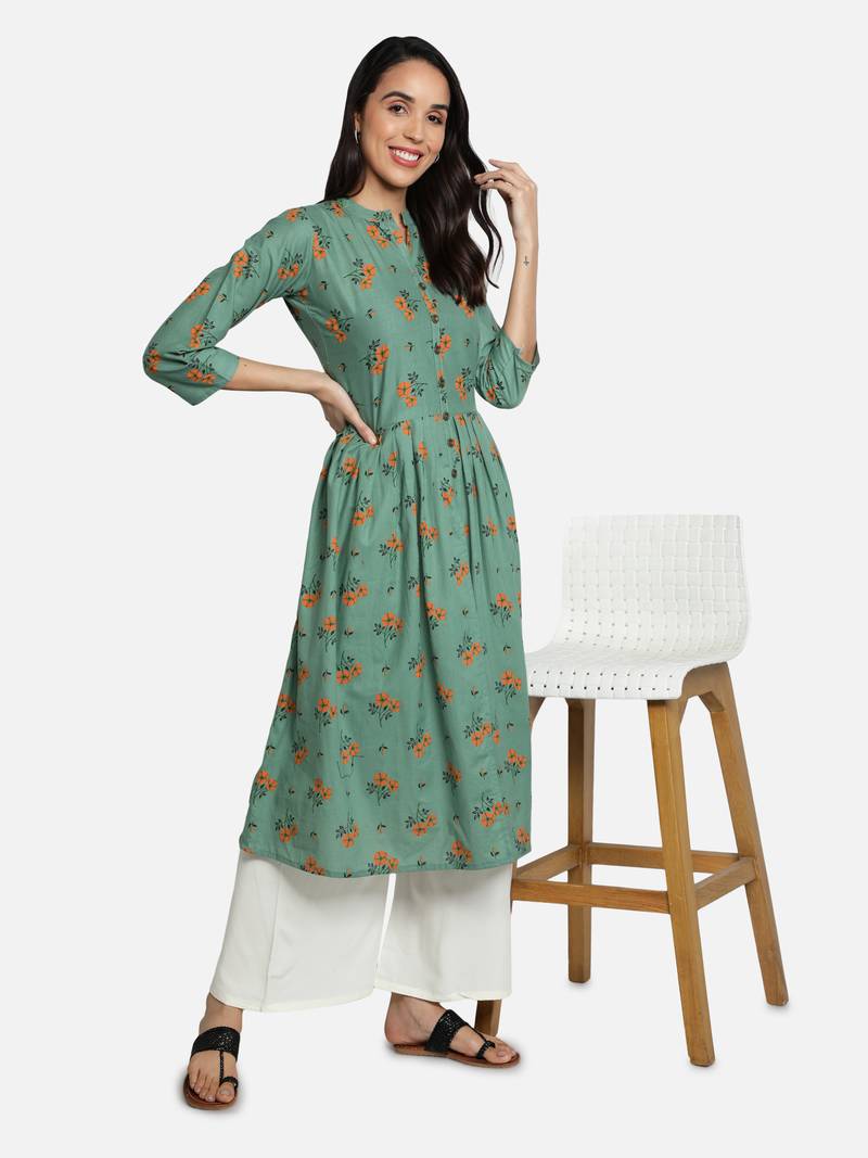 Cotton Floral Printed Flared & Front Slit Women Kurti (Sea Green)