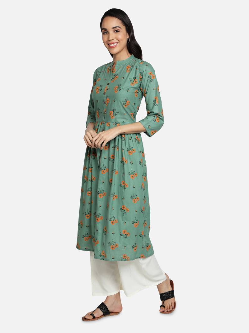 Cotton Floral Printed Flared & Front Slit Women Kurti (Sea Green)