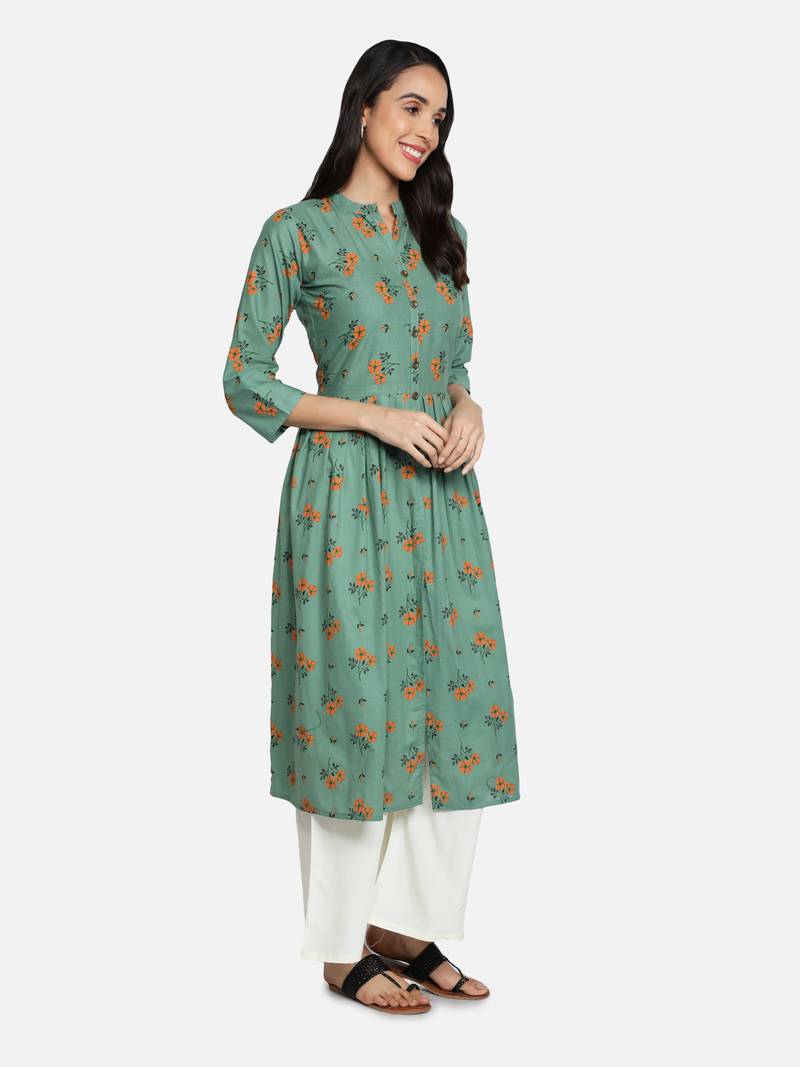Cotton Floral Printed Flared & Front Slit Women Kurti (Sea Green)