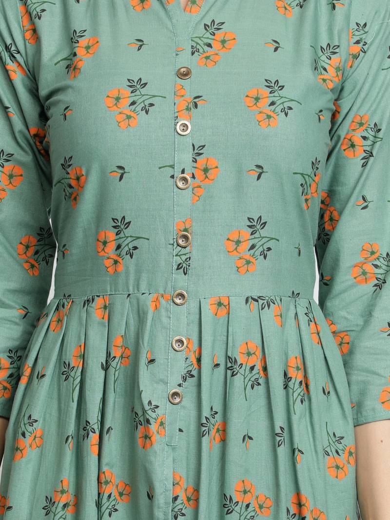 Cotton Floral Printed Flared & Front Slit Women Kurti (Sea Green)