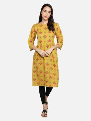 Cotton Floral Printed Flared Women Kurti (Yellow) 1