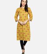 Cotton Floral Printed Flared Women Kurti (Yellow)