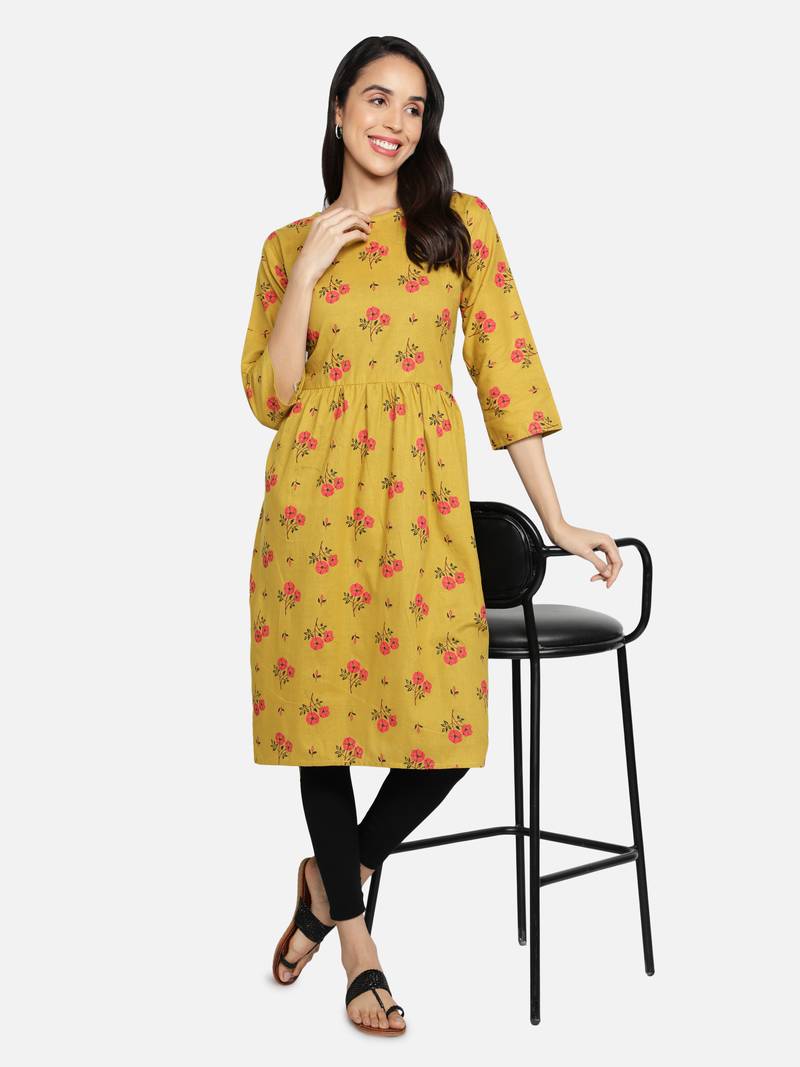 Cotton Floral Printed Flared Women Kurti (Yellow)