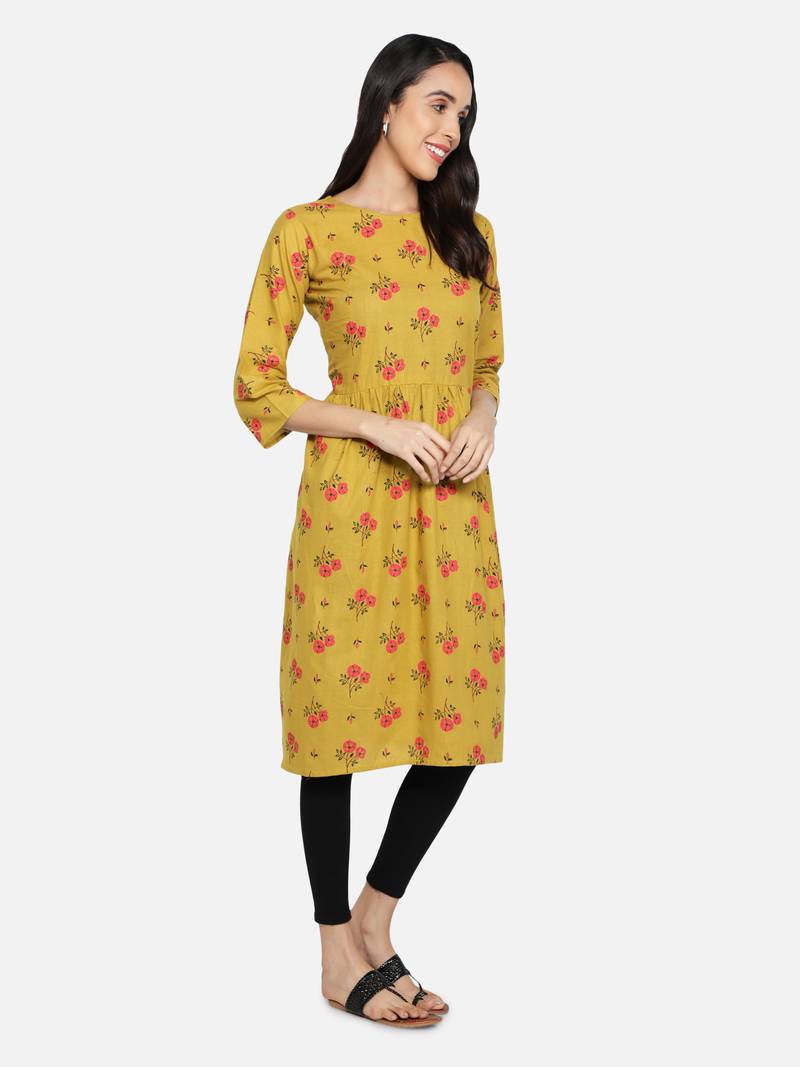 Cotton Floral Printed Flared Women Kurti (Yellow)
